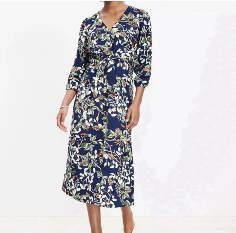 LOFT Leafed Tie Front Rayon Midi Dress Women's Sz 2 Petite Tropical Butterflies